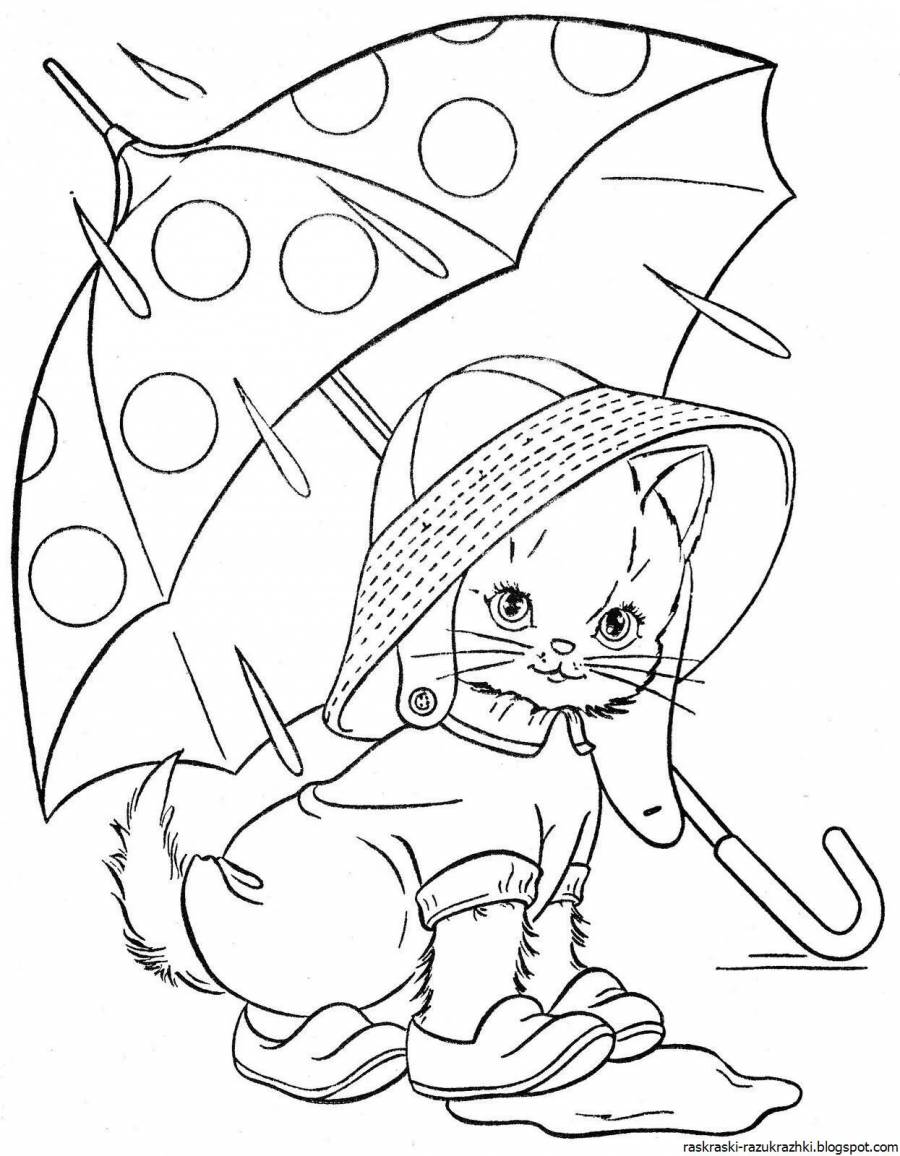 Котик с зонтиком раскраска