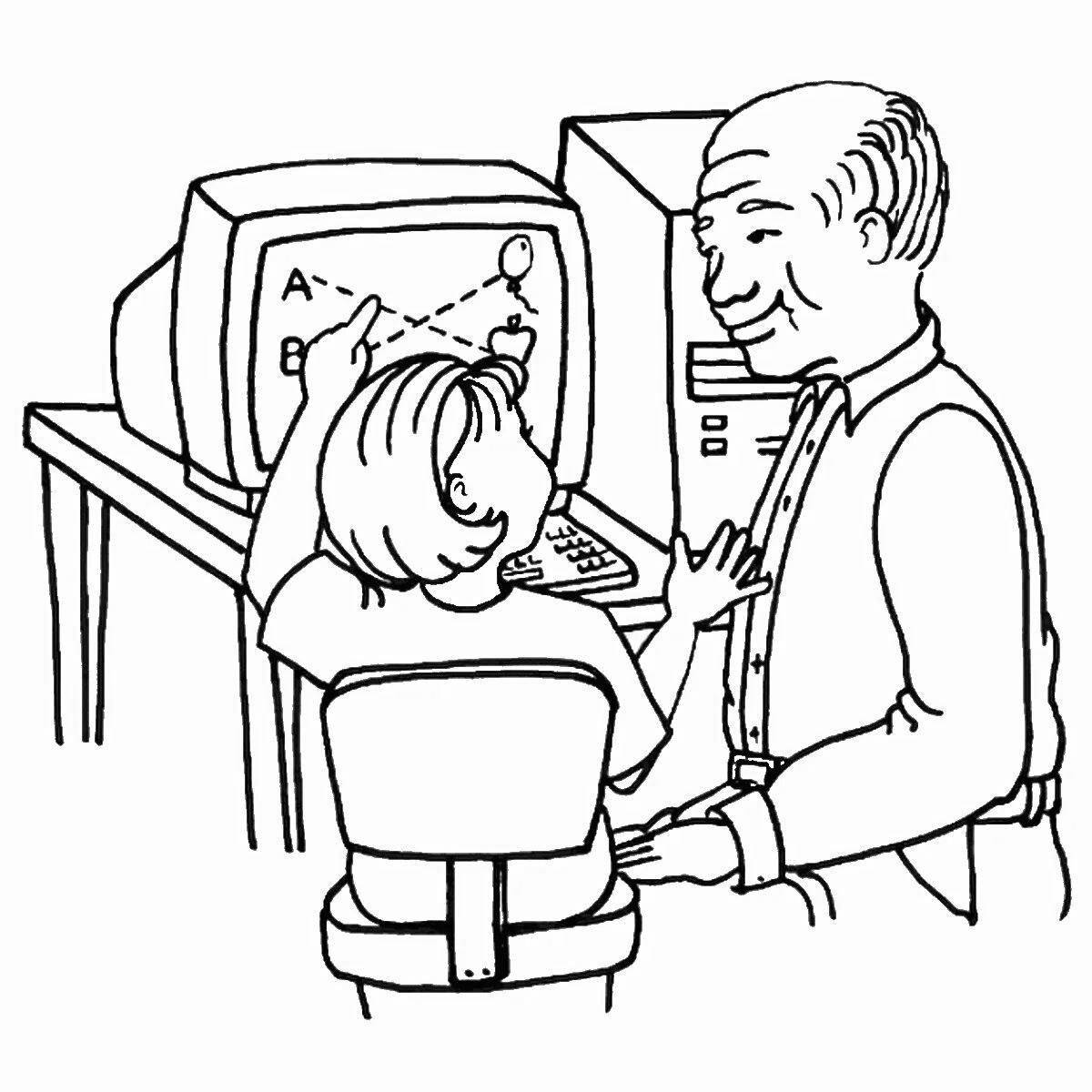 Coloring book cheerful child and computer