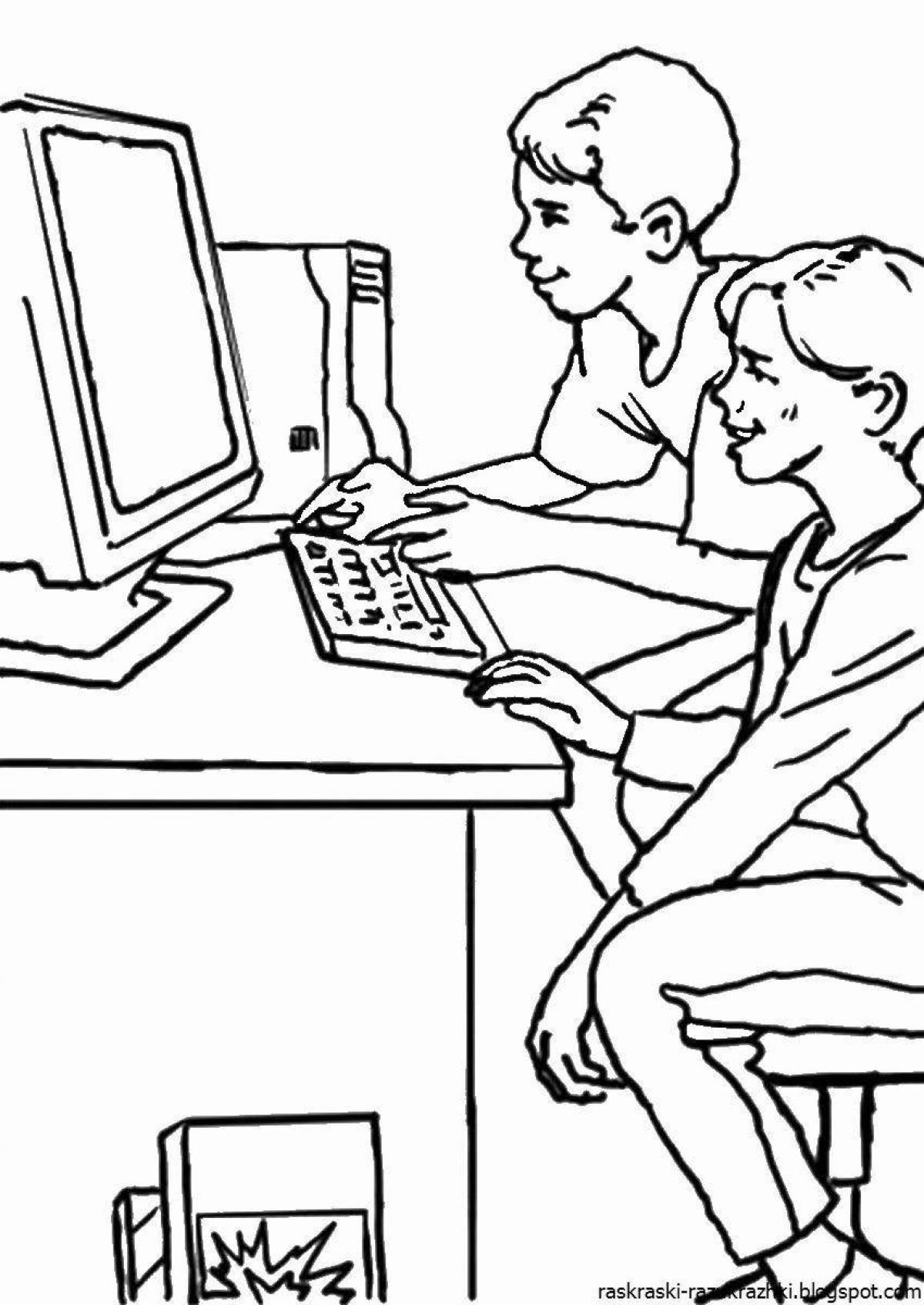 Cheerful child and computer coloring