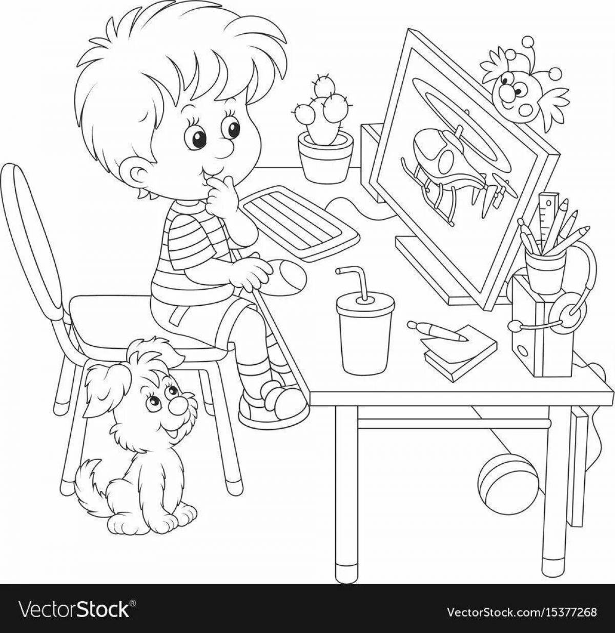 Color-explosion child and computer coloring page