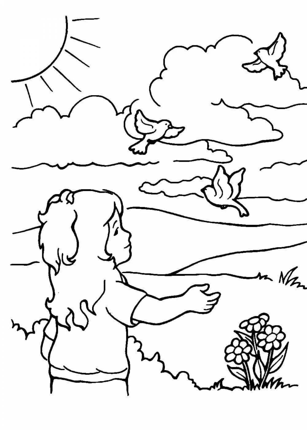 Coloring book cheerful man and nature