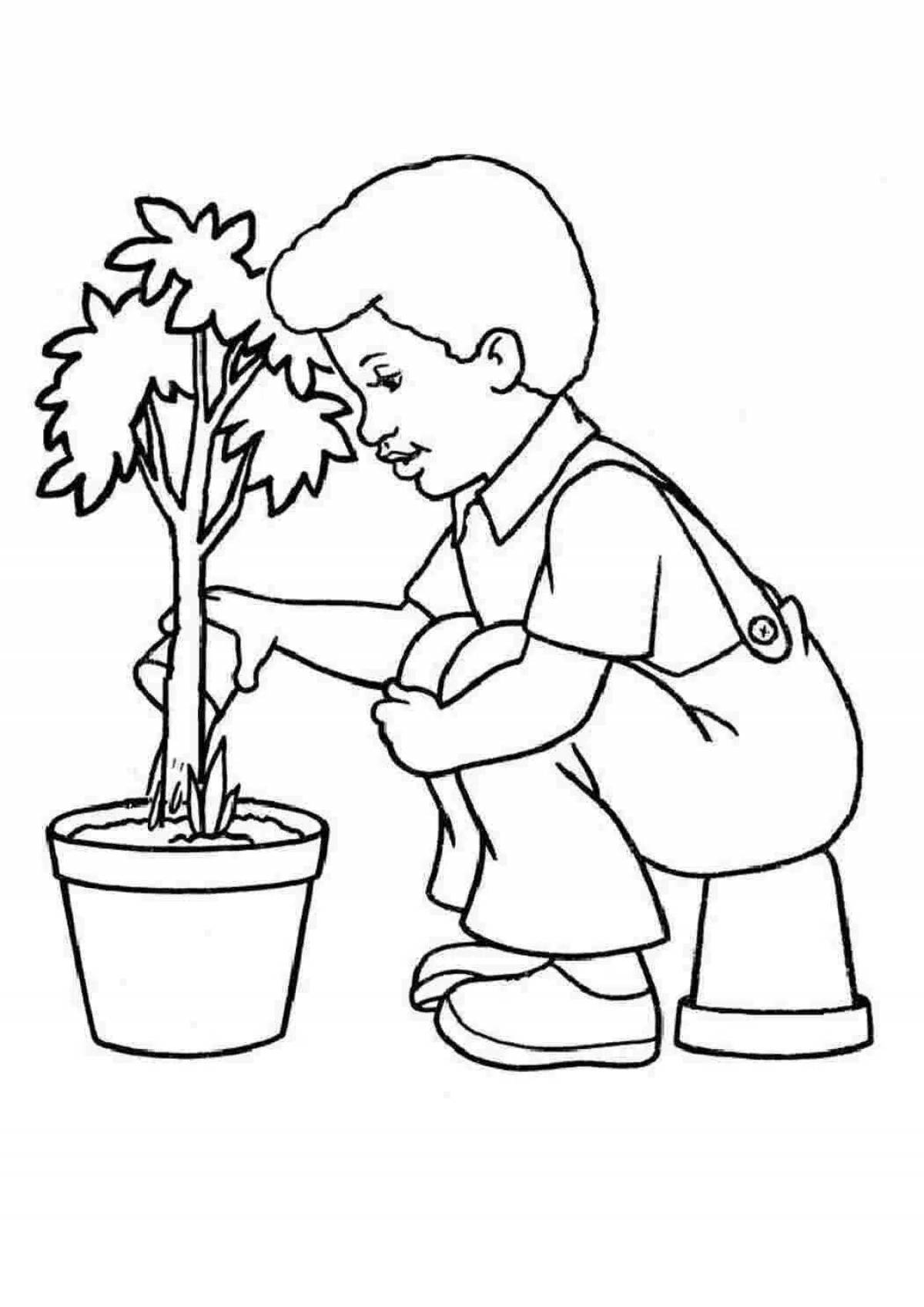 Playful man and nature coloring page