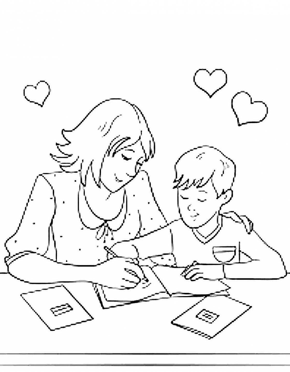 Adorable mom and boy coloring book