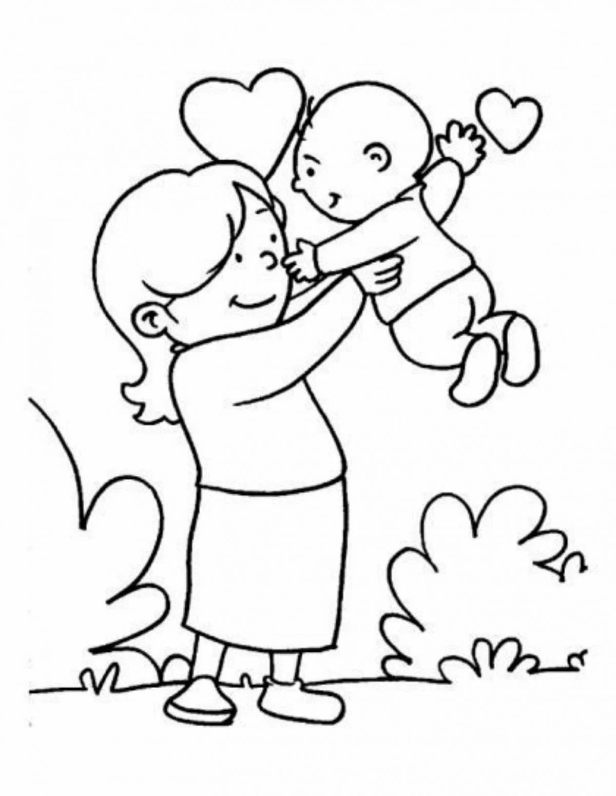 Раскраска Дети поздравляют свою маму, скачать и распечатать раскраску раздела День Мамы