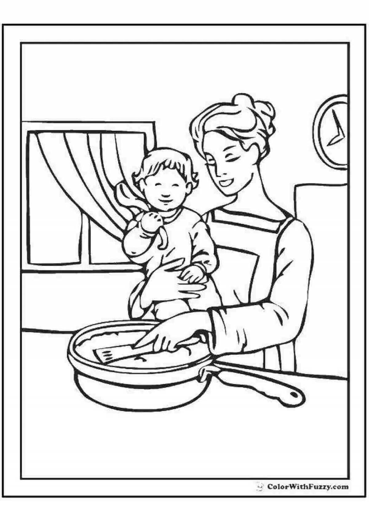 Adorable coloring book mom and boy