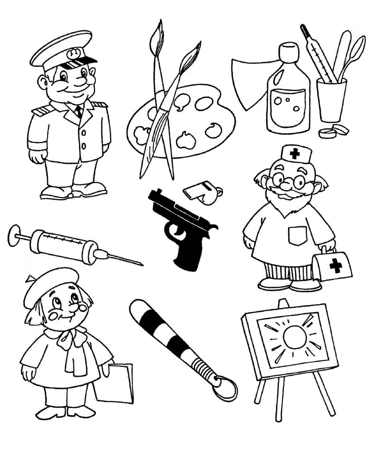 Color-bright professions and tools coloring book