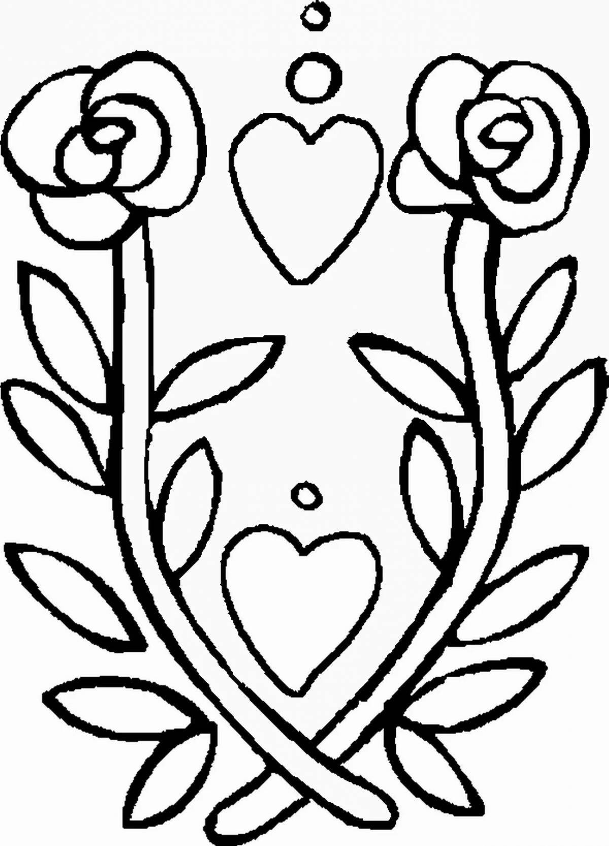Exotic heart and flower coloring page