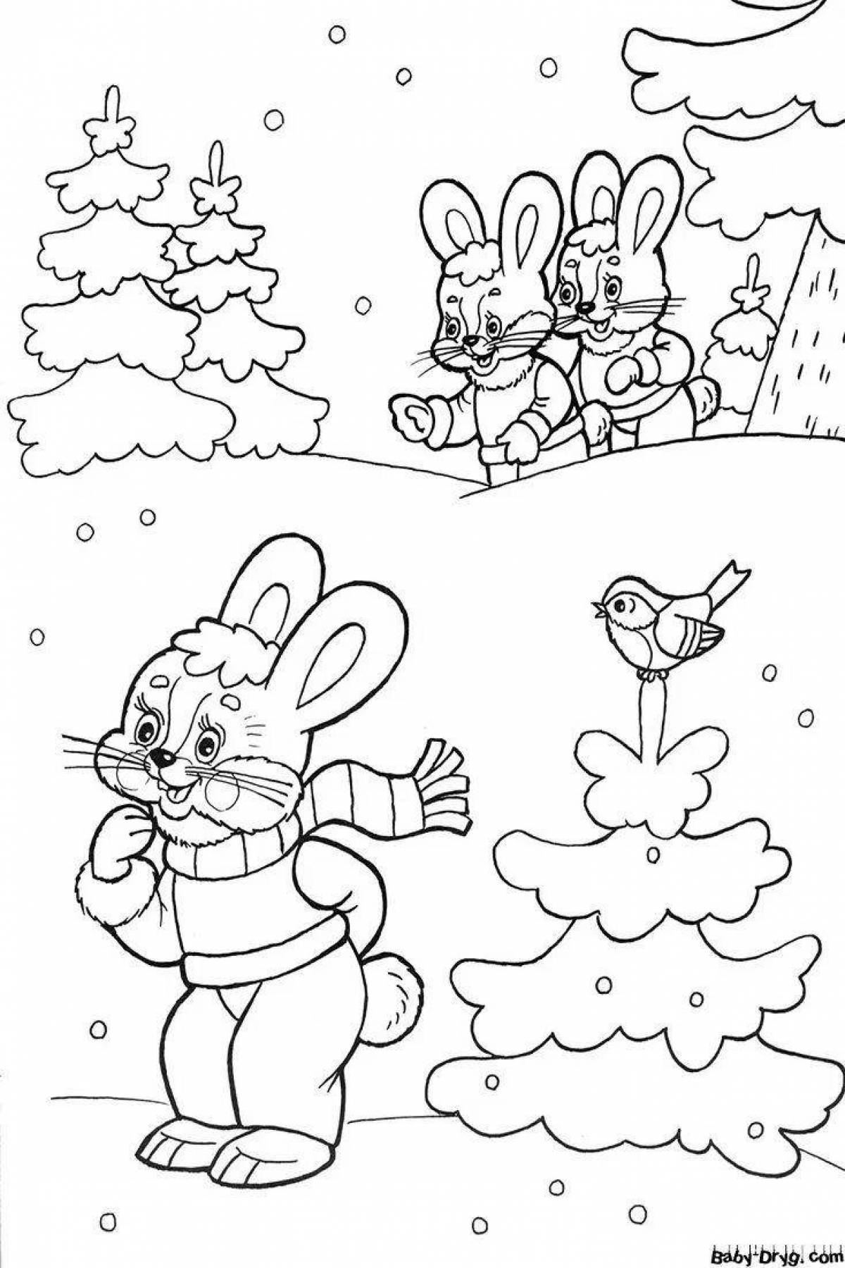 Funny coloring rabbit in the forest