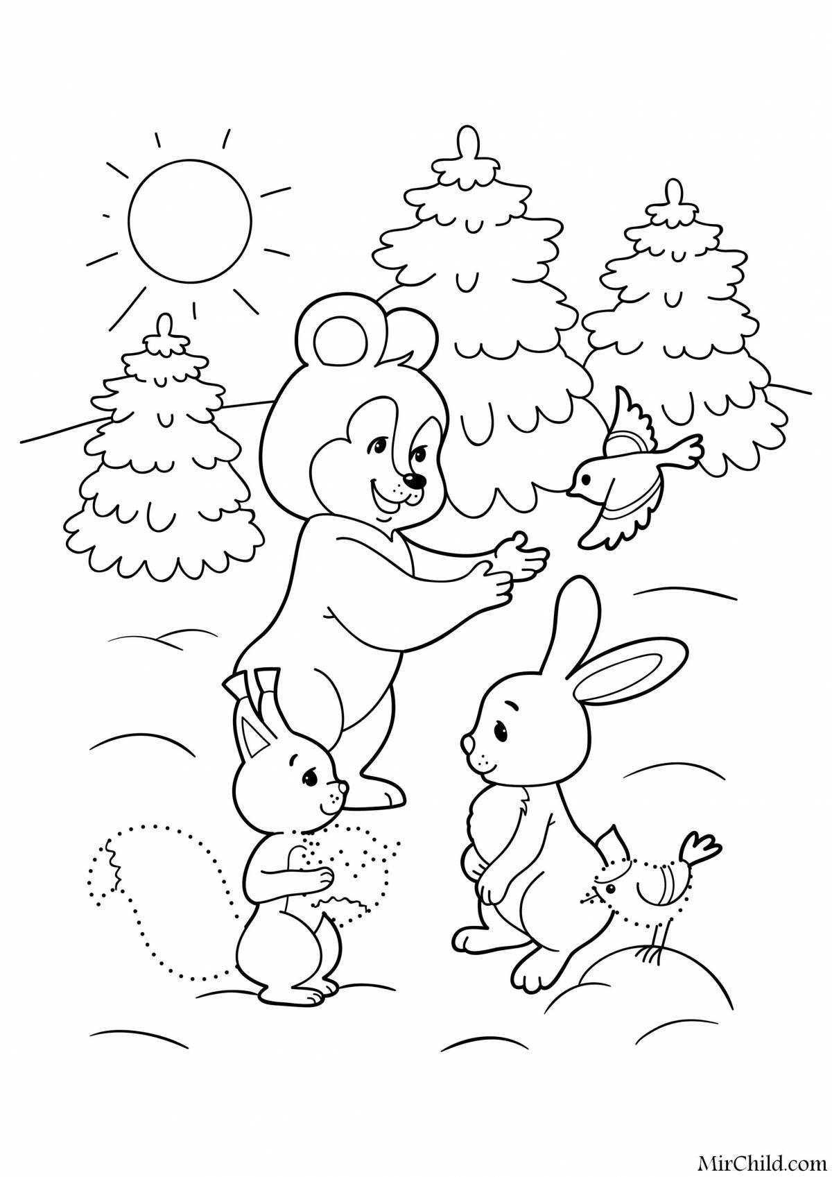 Coloring book joyful bear and rabbit