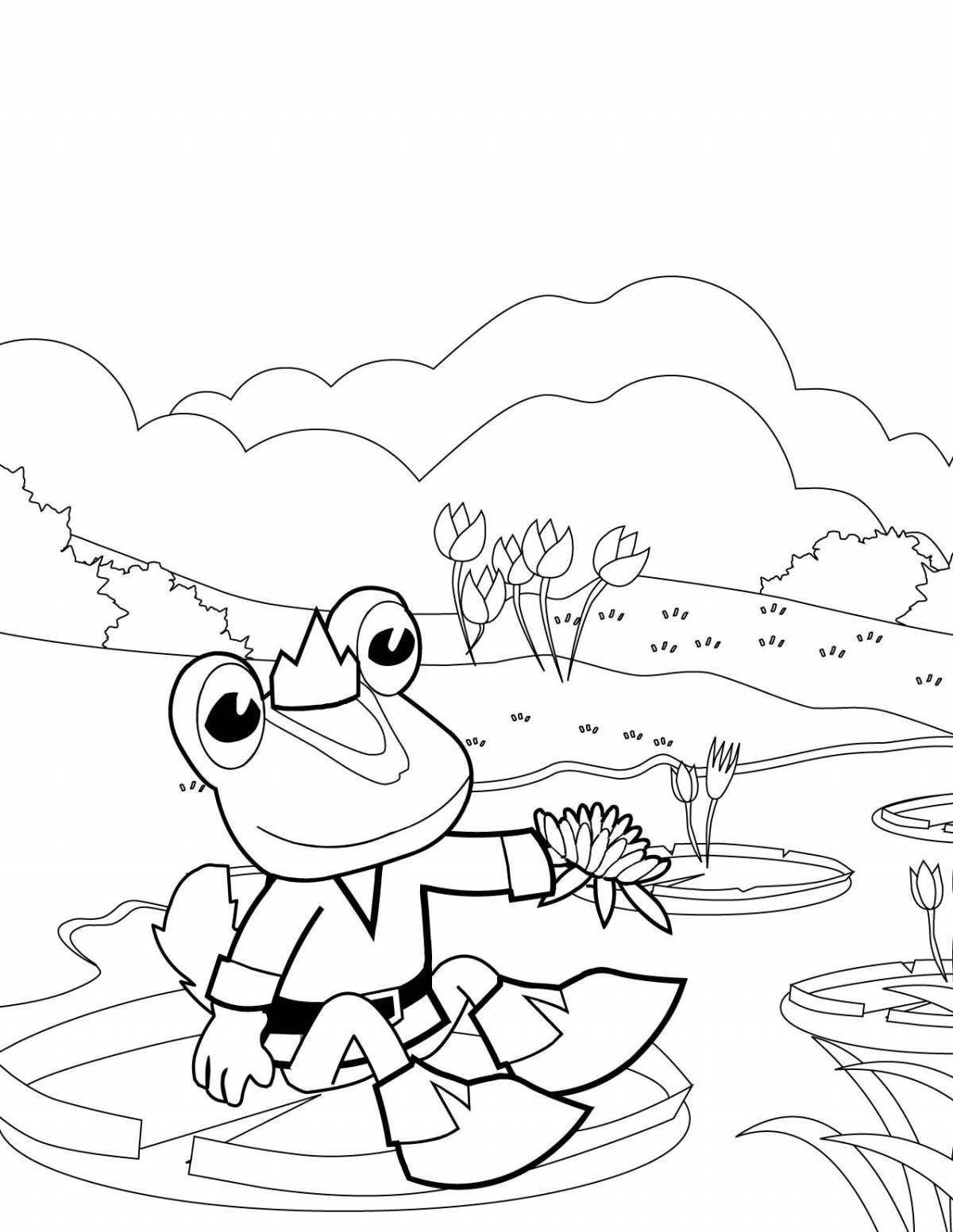 Coloring book playful frog traveler