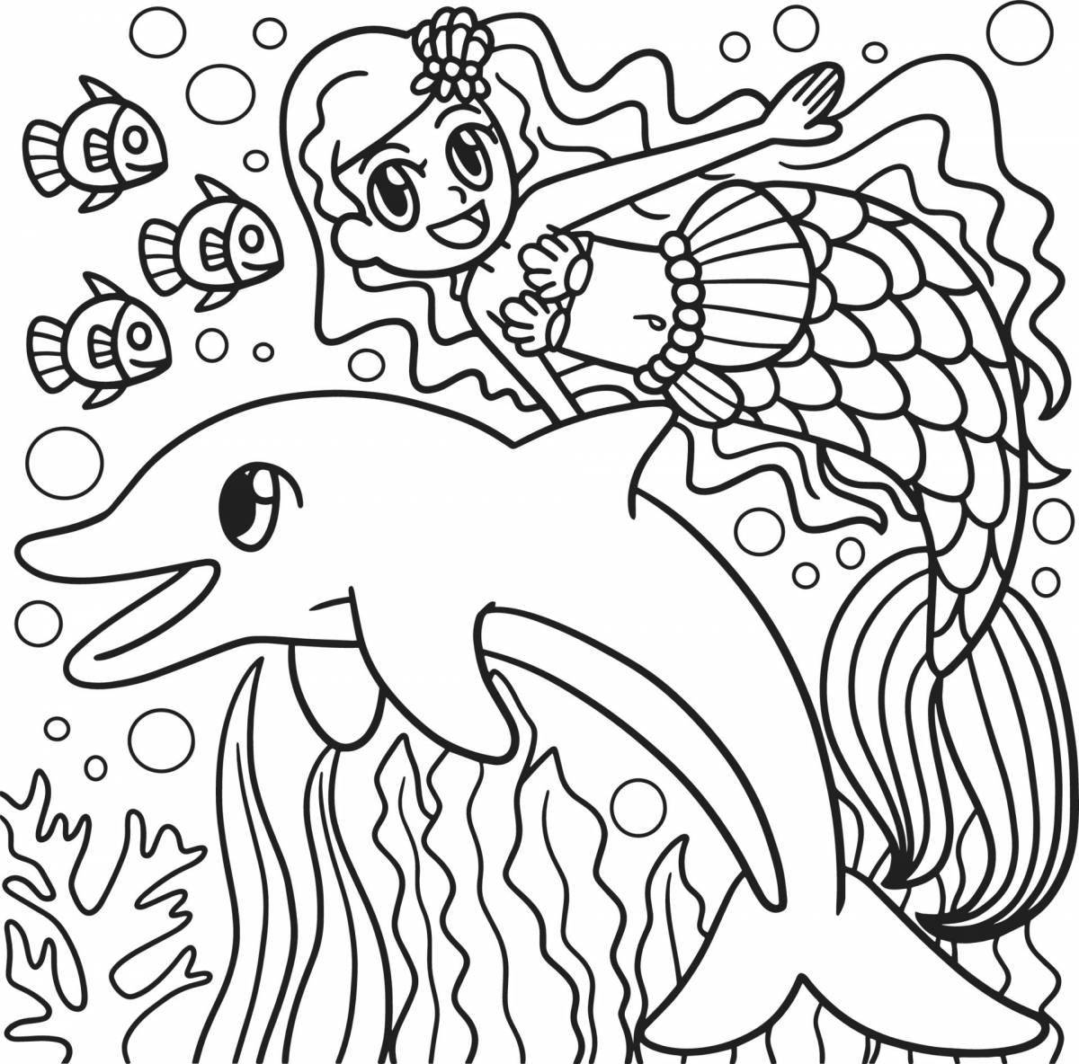 Peaceful coloring mermaid and dolphin