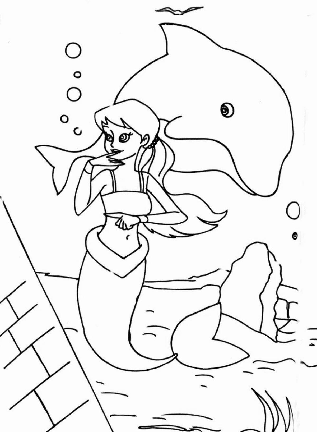 Poetic coloring mermaid and dolphin