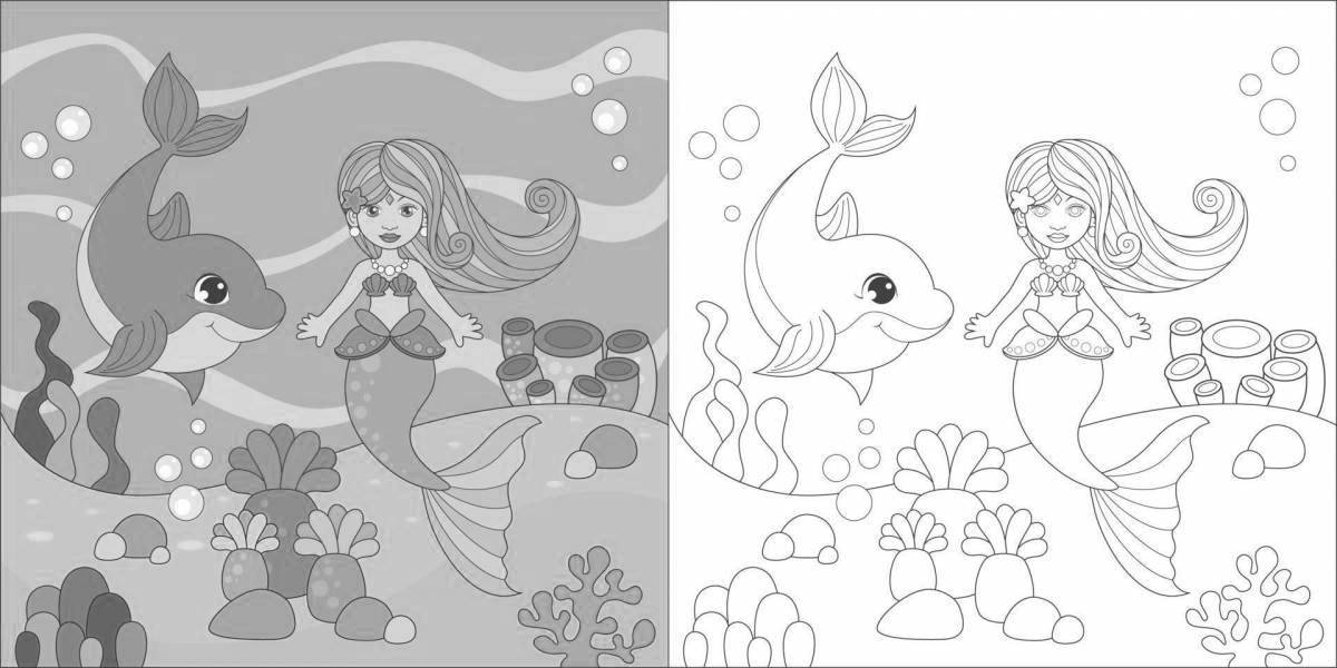 Dreamy coloring mermaid and dolphin