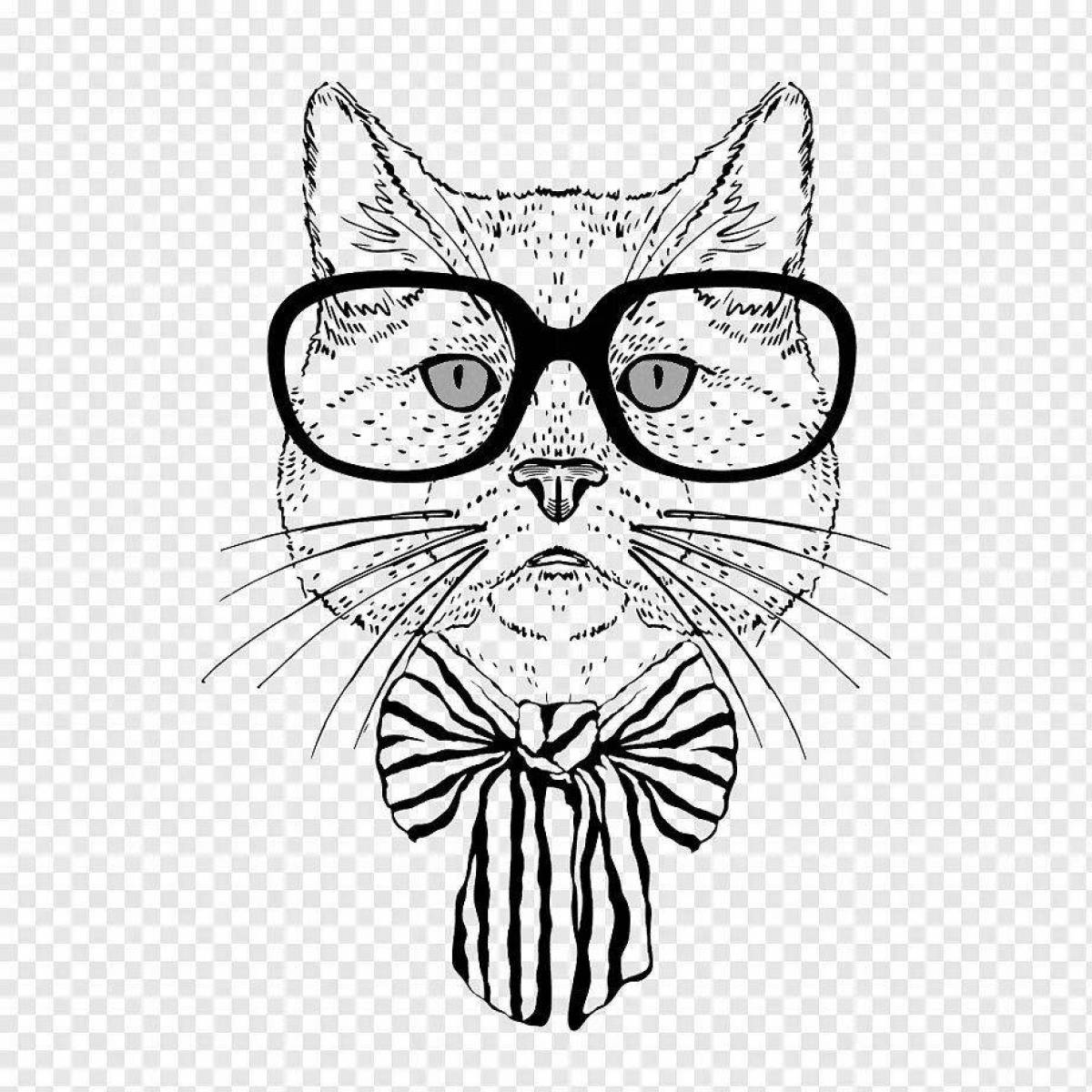 Curious coloring cat with glasses