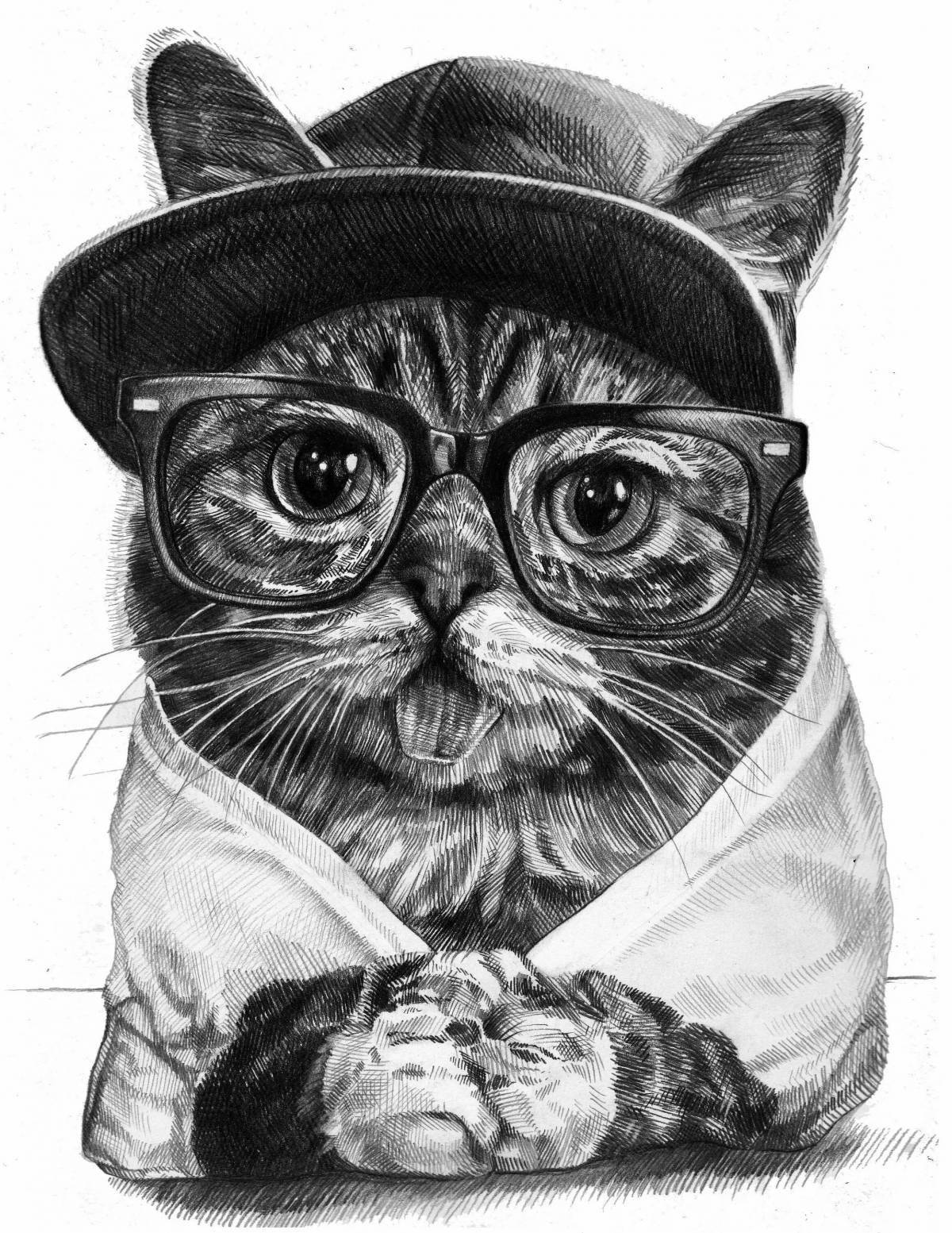 Courageous coloring cat with glasses