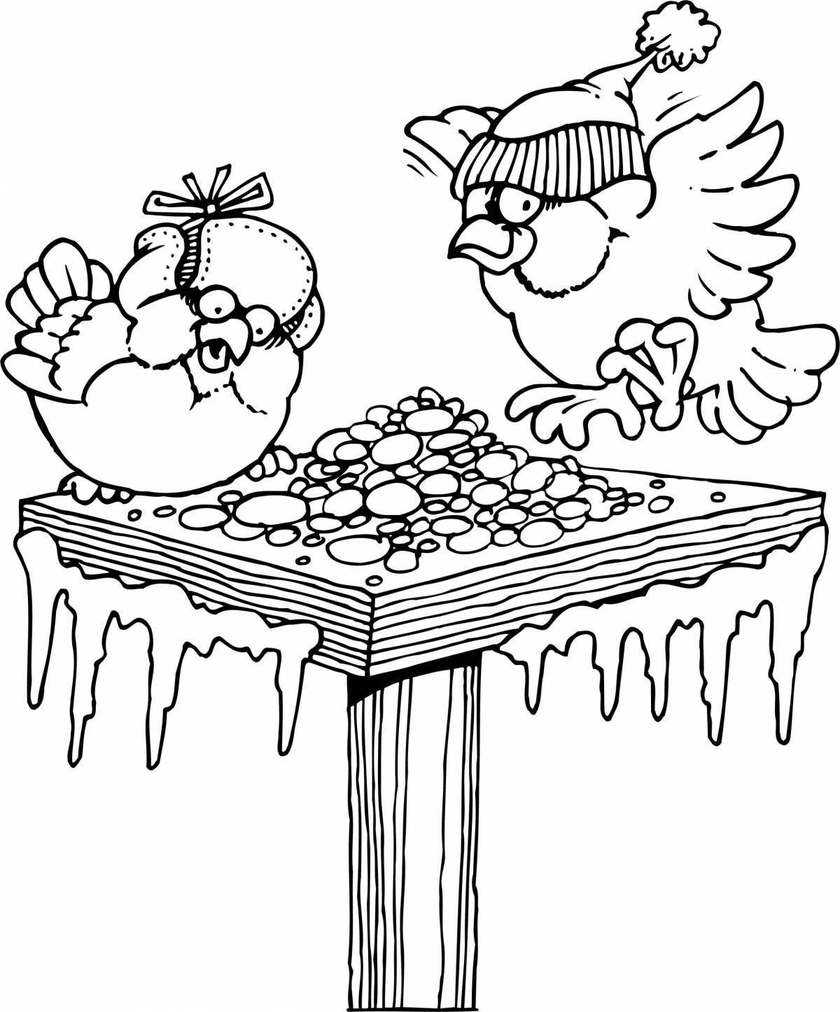 Serene coloring page bird feeding in winter