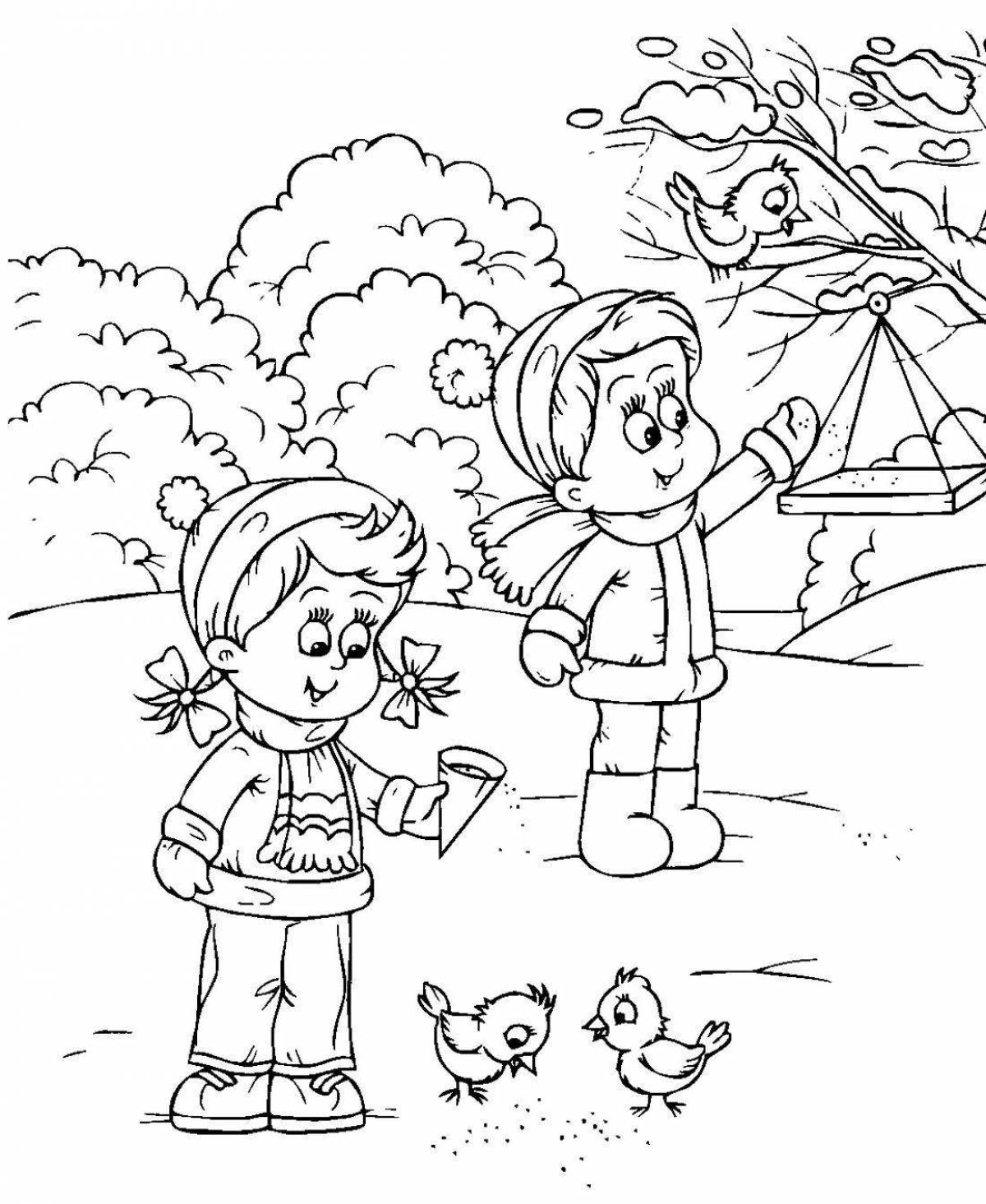 Exquisite bird feeding in winter coloring page