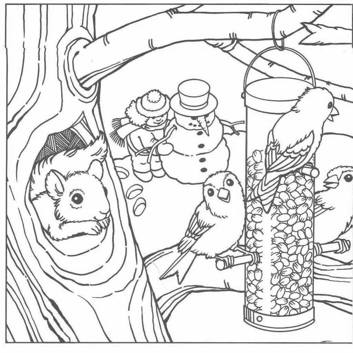 Luminous coloring pages feeding birds in winter