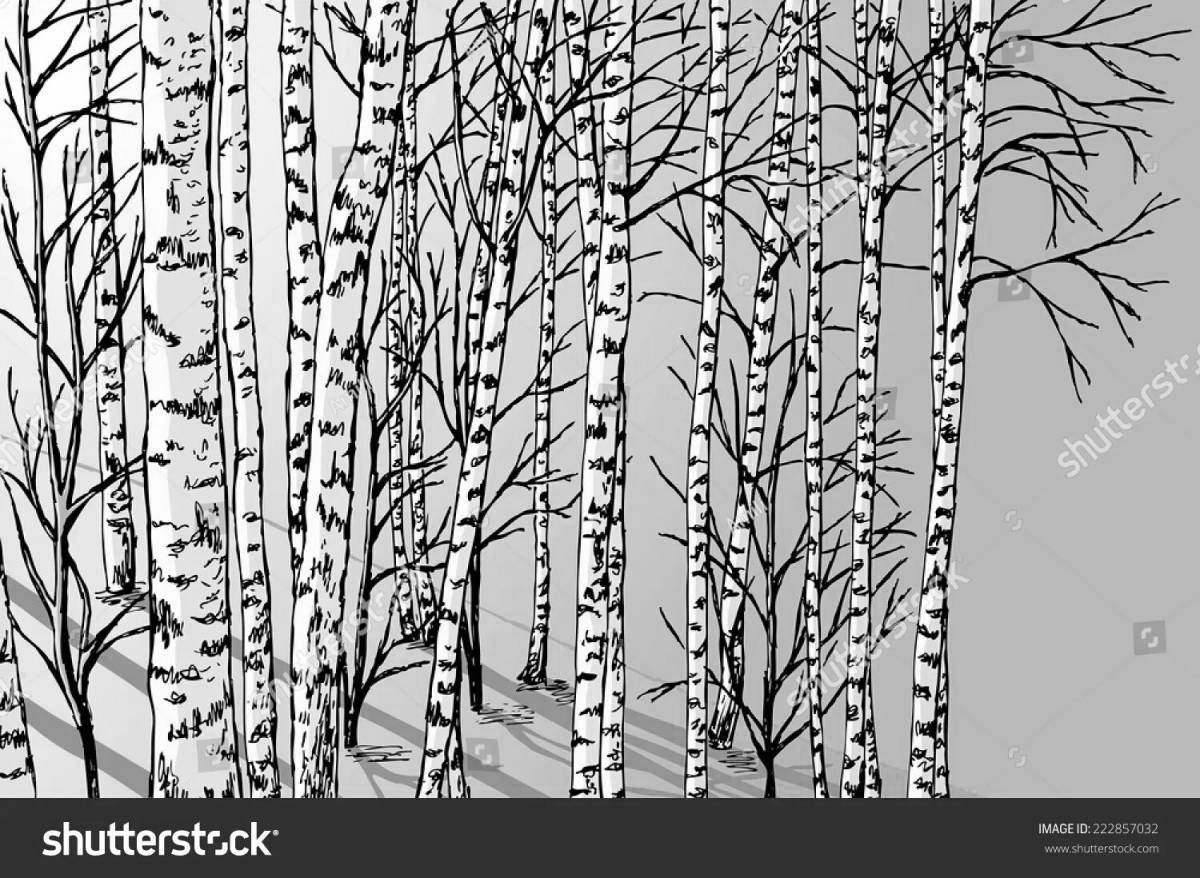 Coloring book beckoning birch in the snow