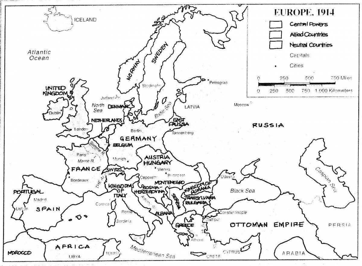 Detailed coloring map of Europe in 1914