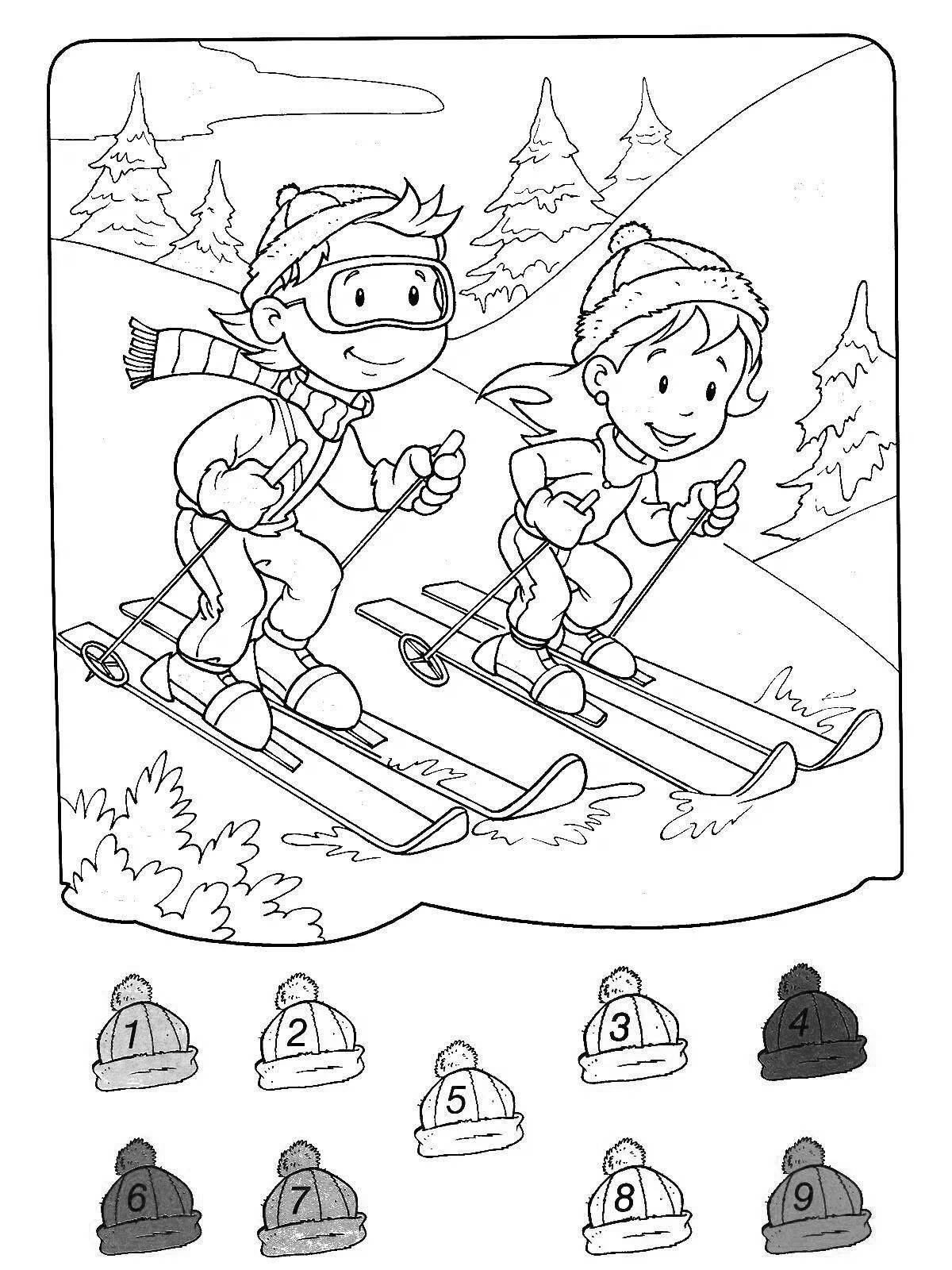 Bright family skiing coloring book