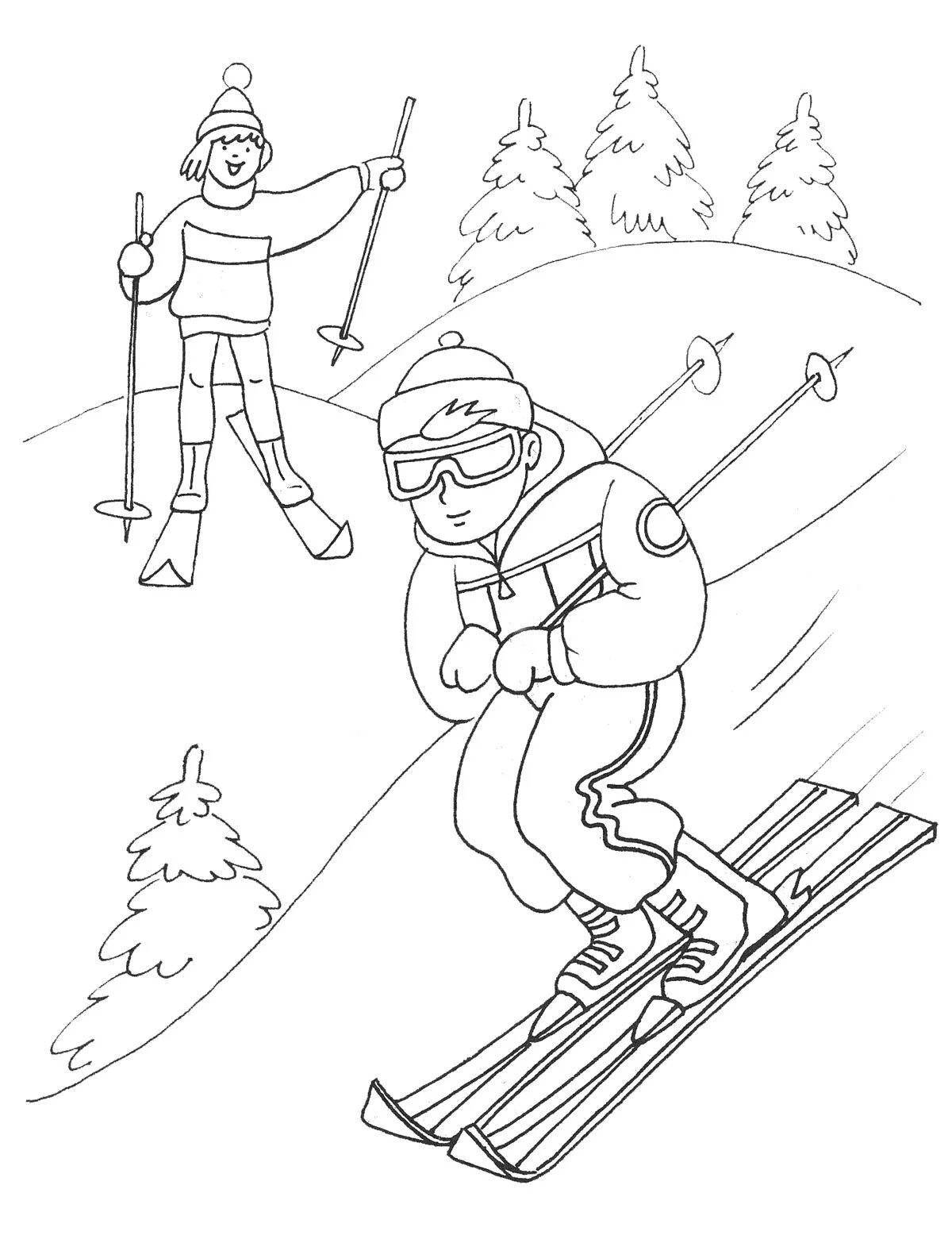 Photo Exciting family skiing coloring book