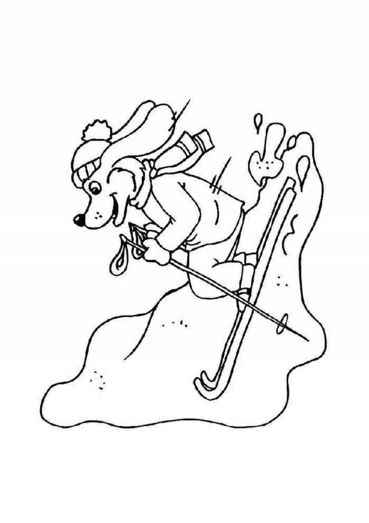 Анимированная страница раскраски «семейное катание на лыжах»