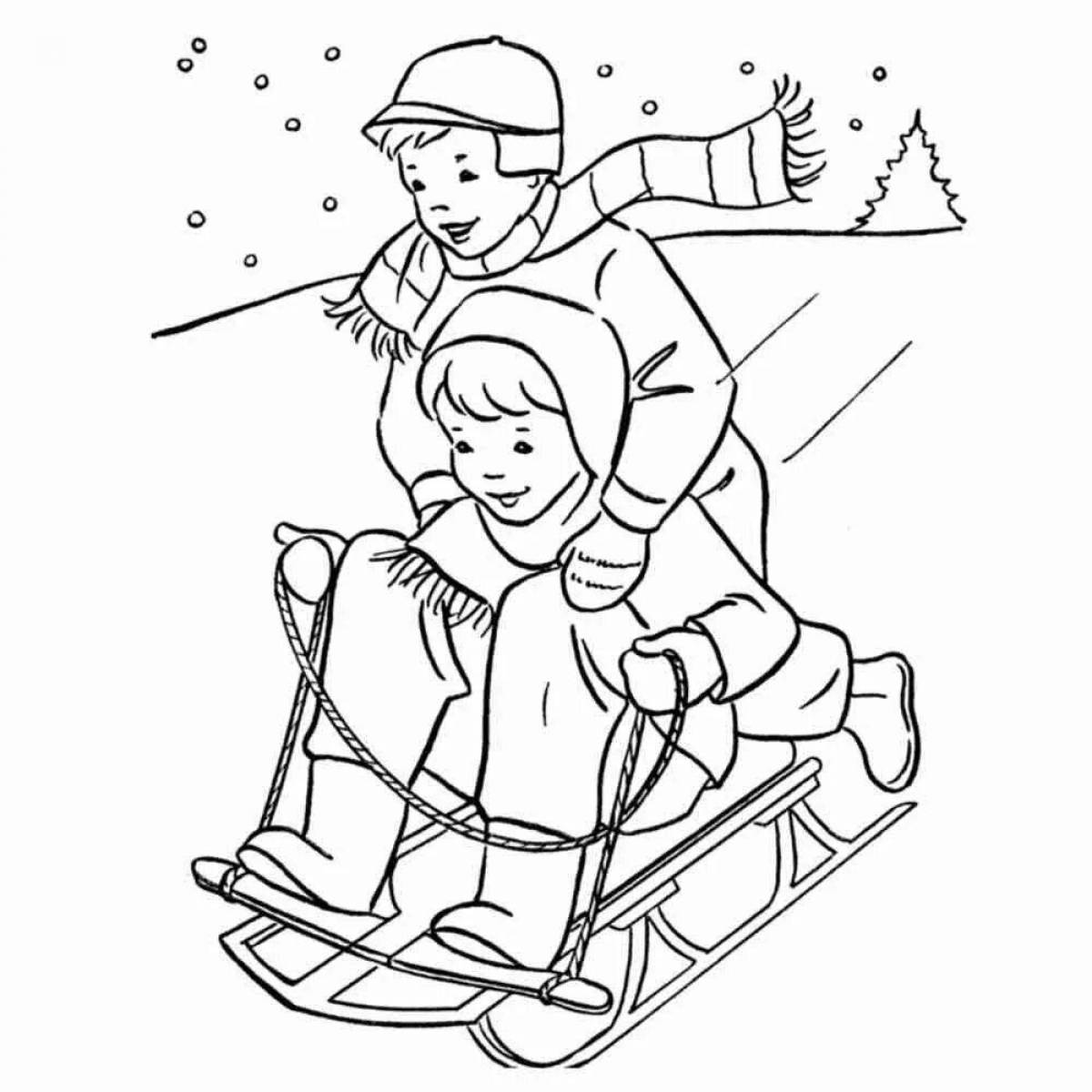 Exuberant family skiing coloring book