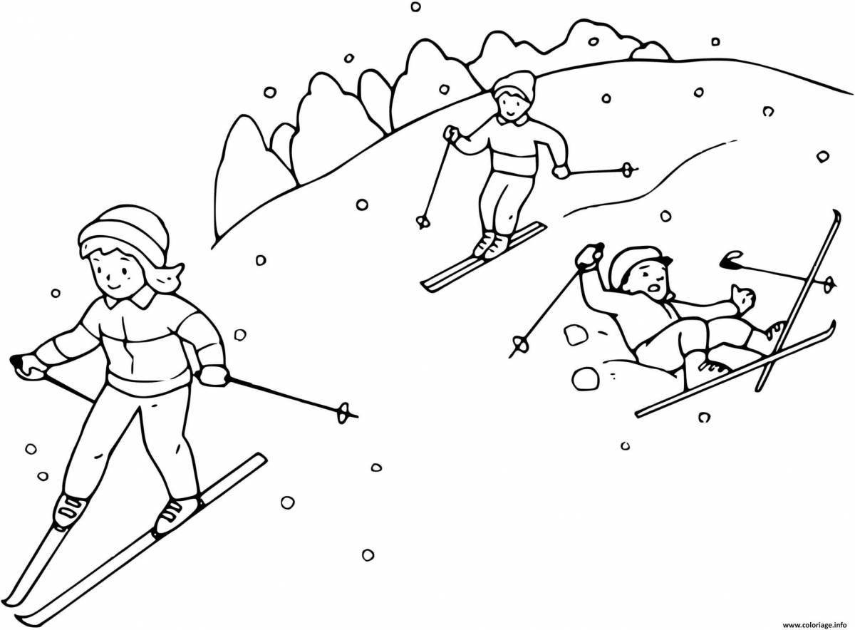 Glitter family skiing coloring book