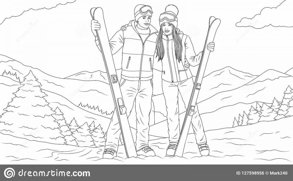 Photo Coloring book sparkling family skiing