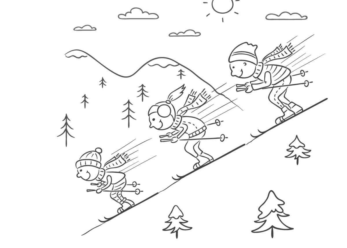 Photo Shiny family skiing coloring book