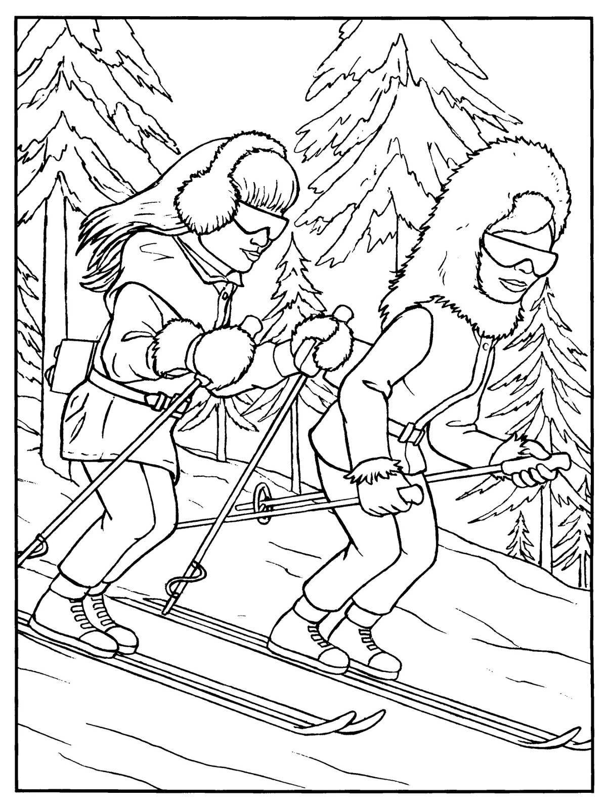 Dazzling family skiing coloring book