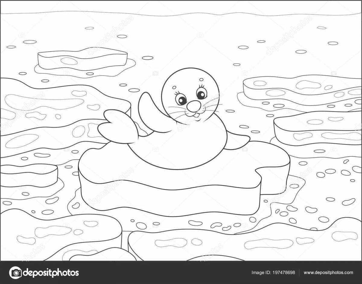 Освежающий тюлень на странице раскраски на льду
