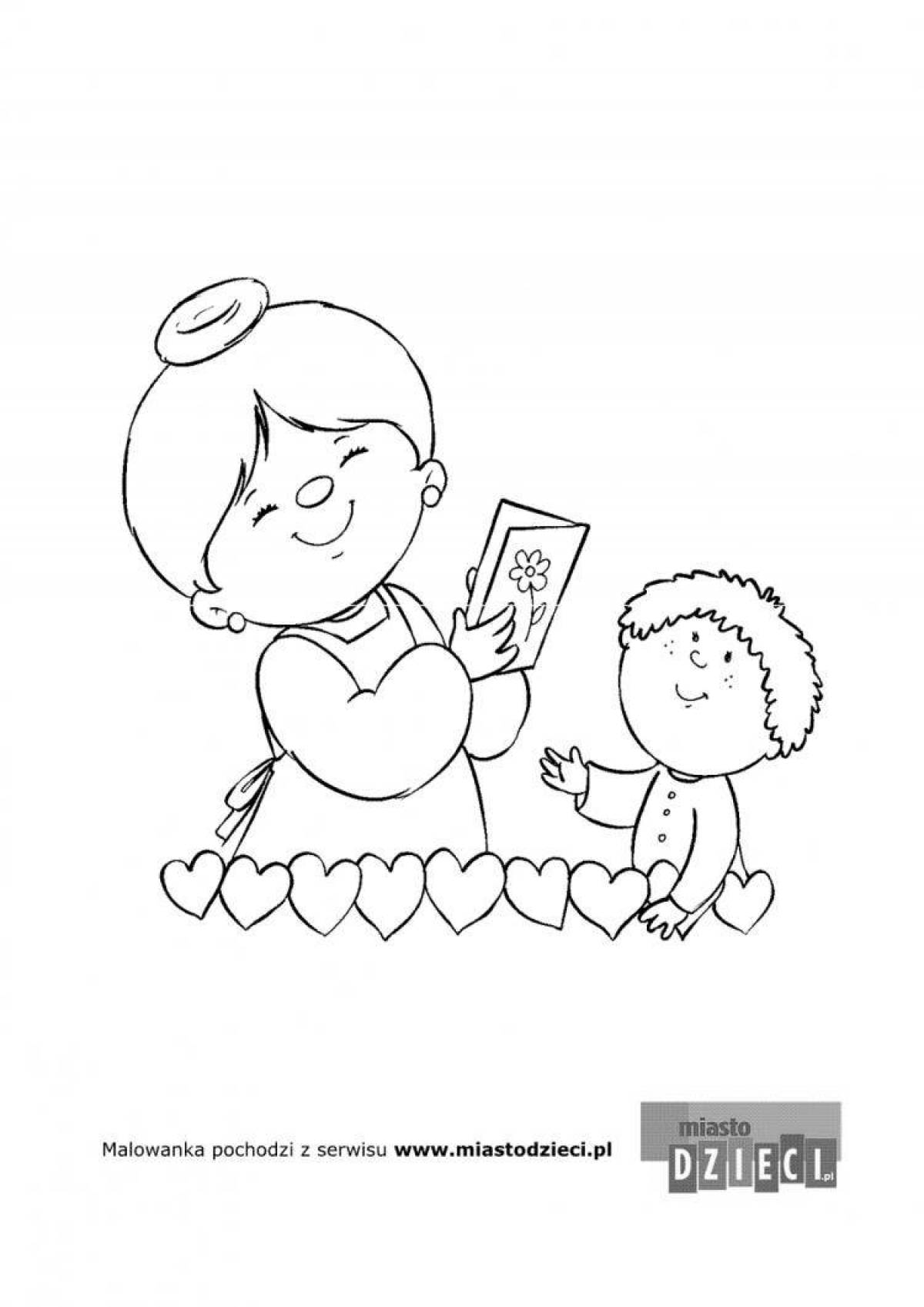 Joyful grandmother and granddaughter coloring book