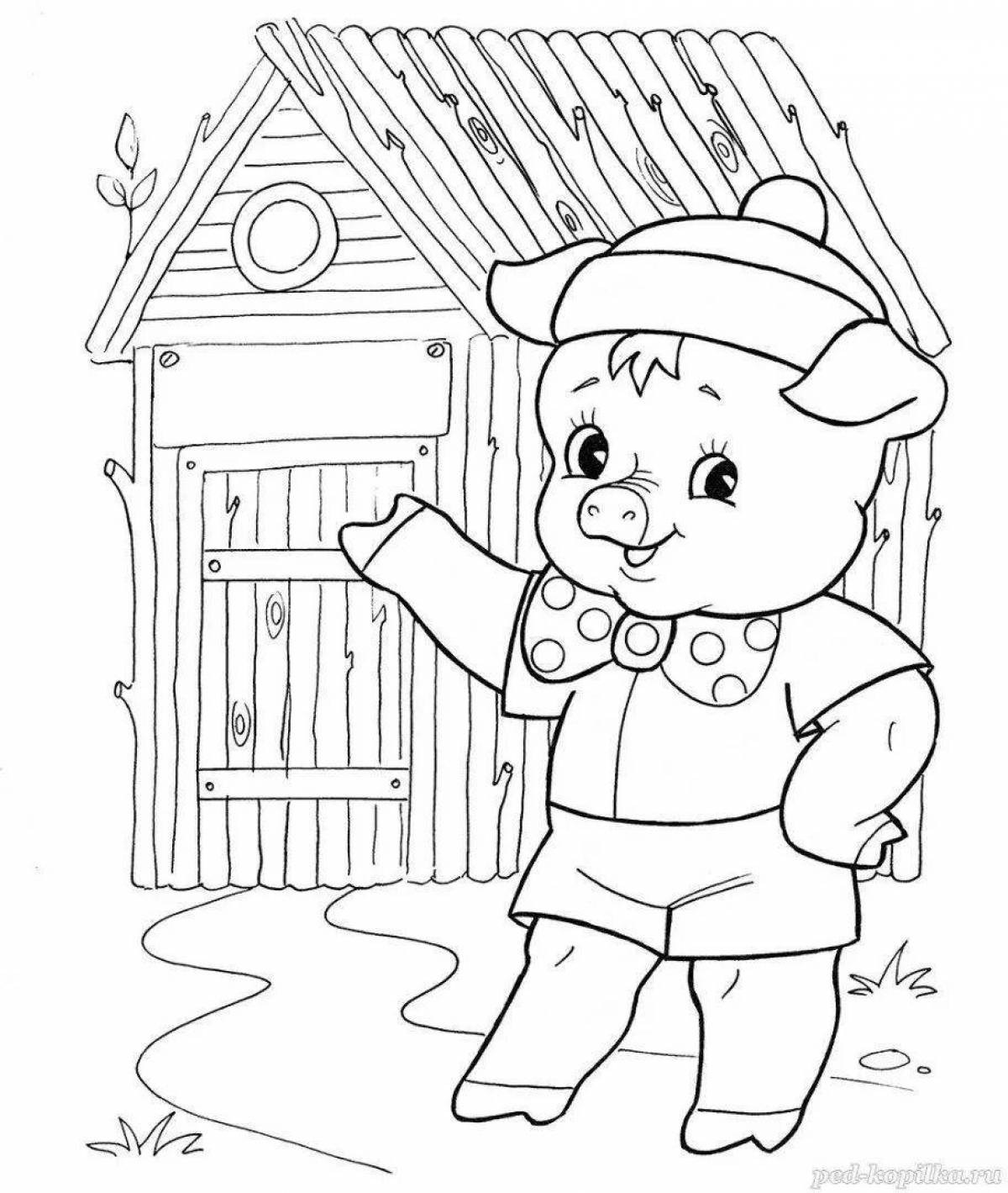Colorful three little pig coloring page