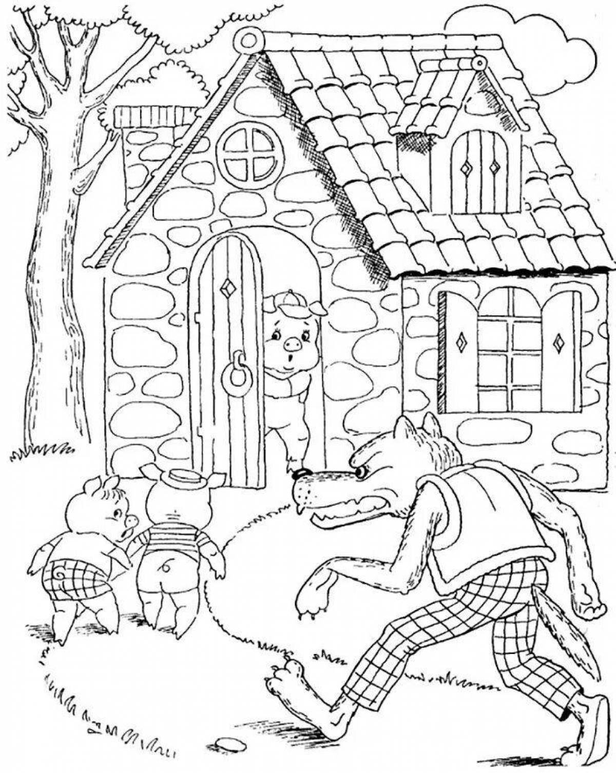Bright fairy tale three little pigs coloring
