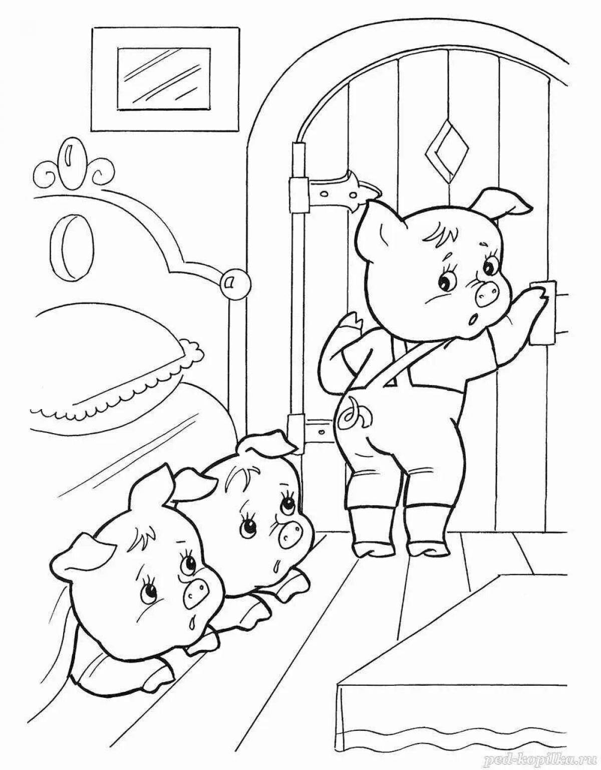 Coloring book funny fairy tale three little pigs