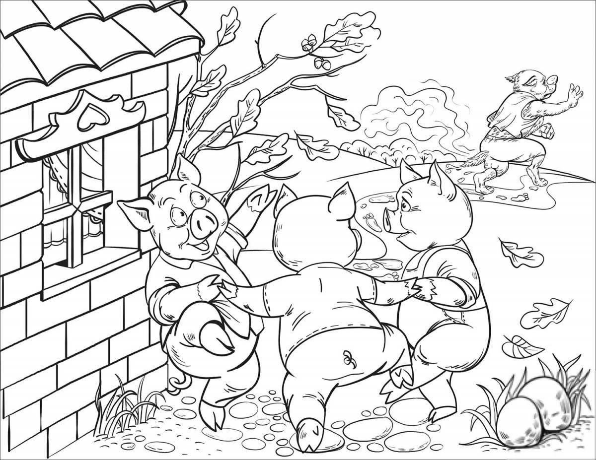 Coloring book charming fairy tale three little pigs