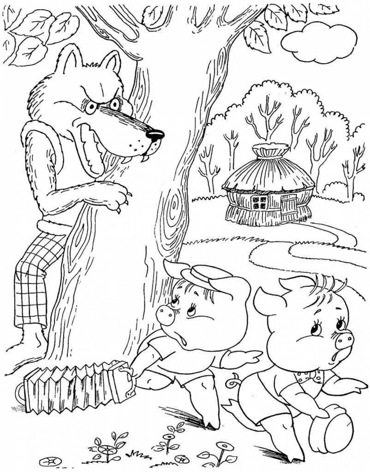 Cute three little pigs fairy tale coloring book