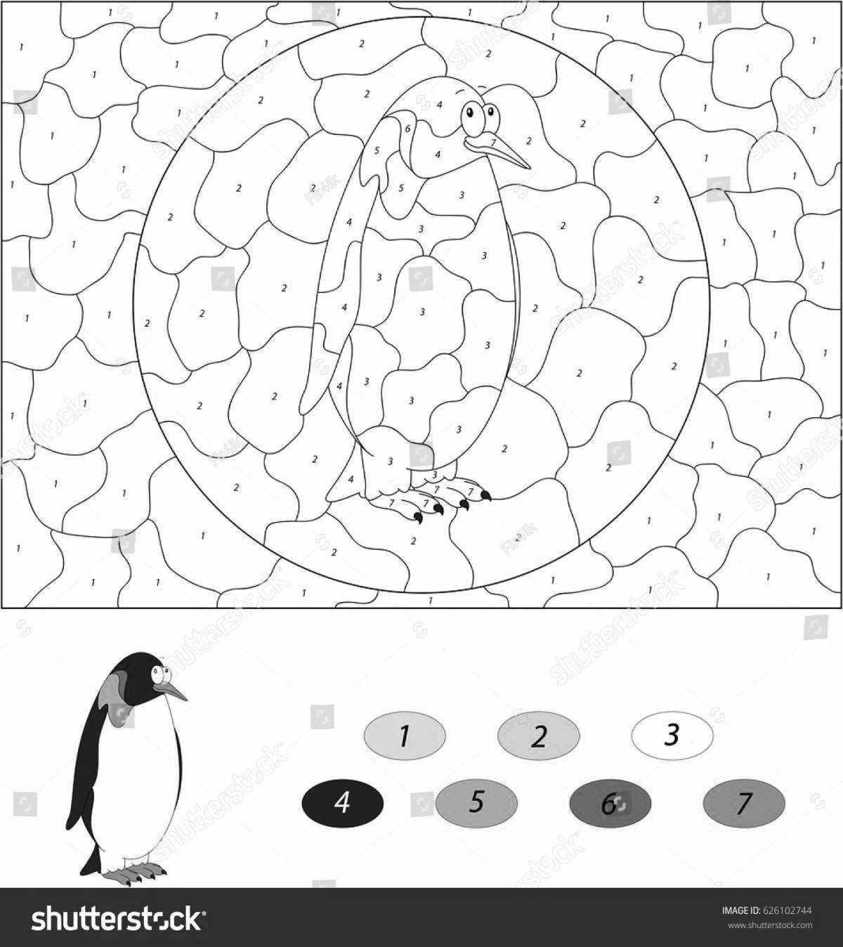 Цветной бешеный пингвин по номерам раскраски