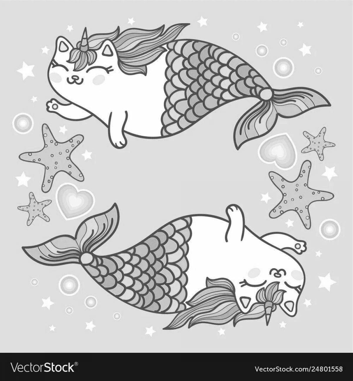 Славная раскраска кошка единорог русалка
