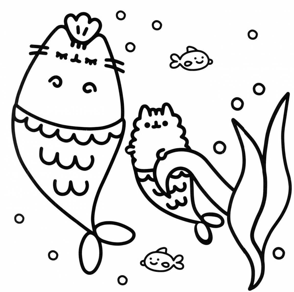 Сказочная раскраска кошка единорог русалка