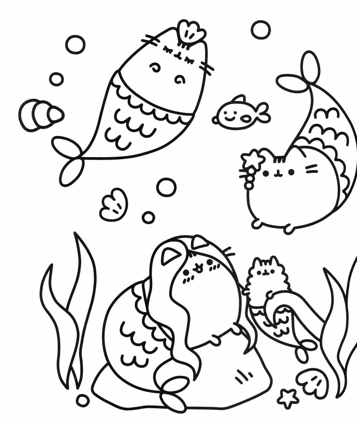Сияющая раскраска кошка единорог русалка
