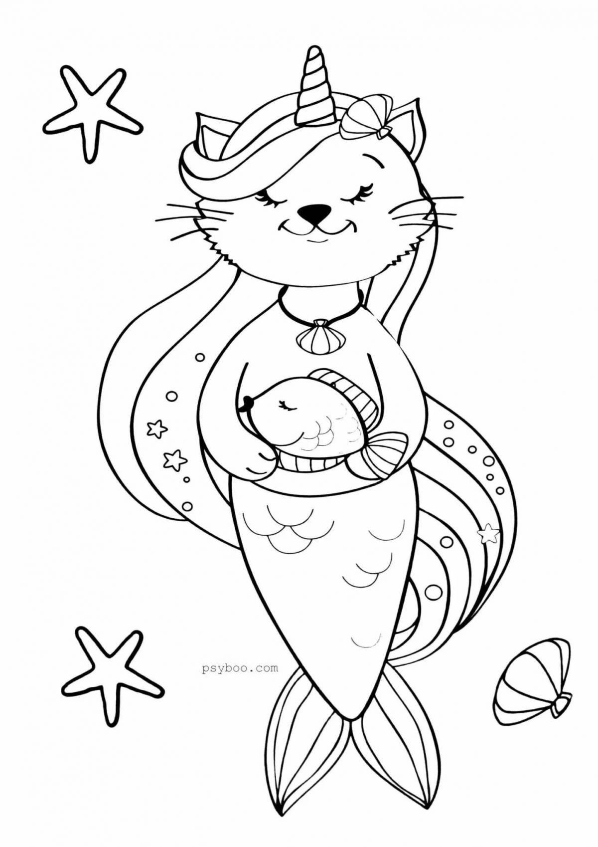 Радужная раскраска кошка единорог русалка