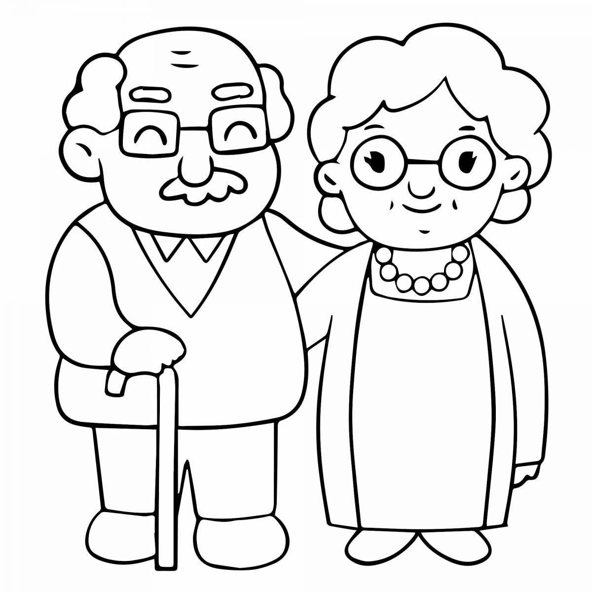 Coloring book peaceful grandfather and granddaughter