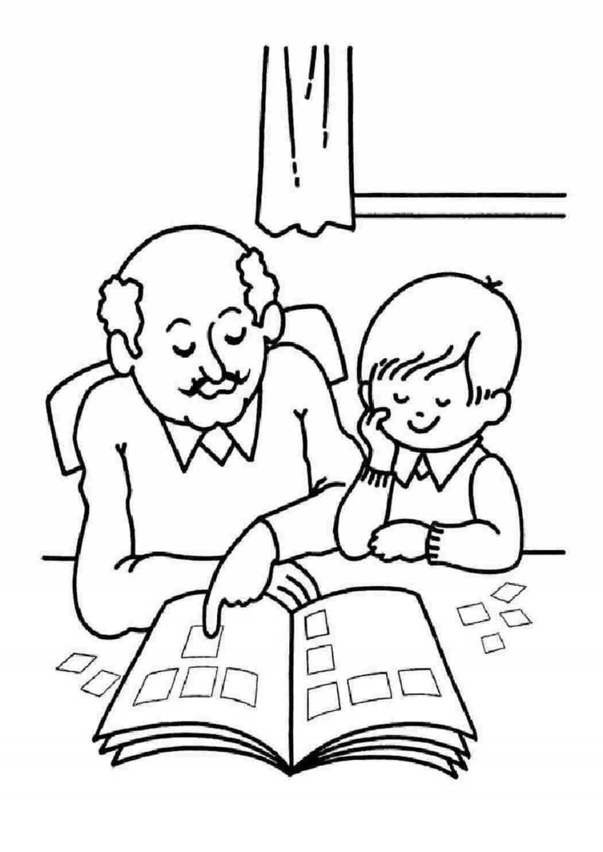Coloring page affectionate grandfather and granddaughter