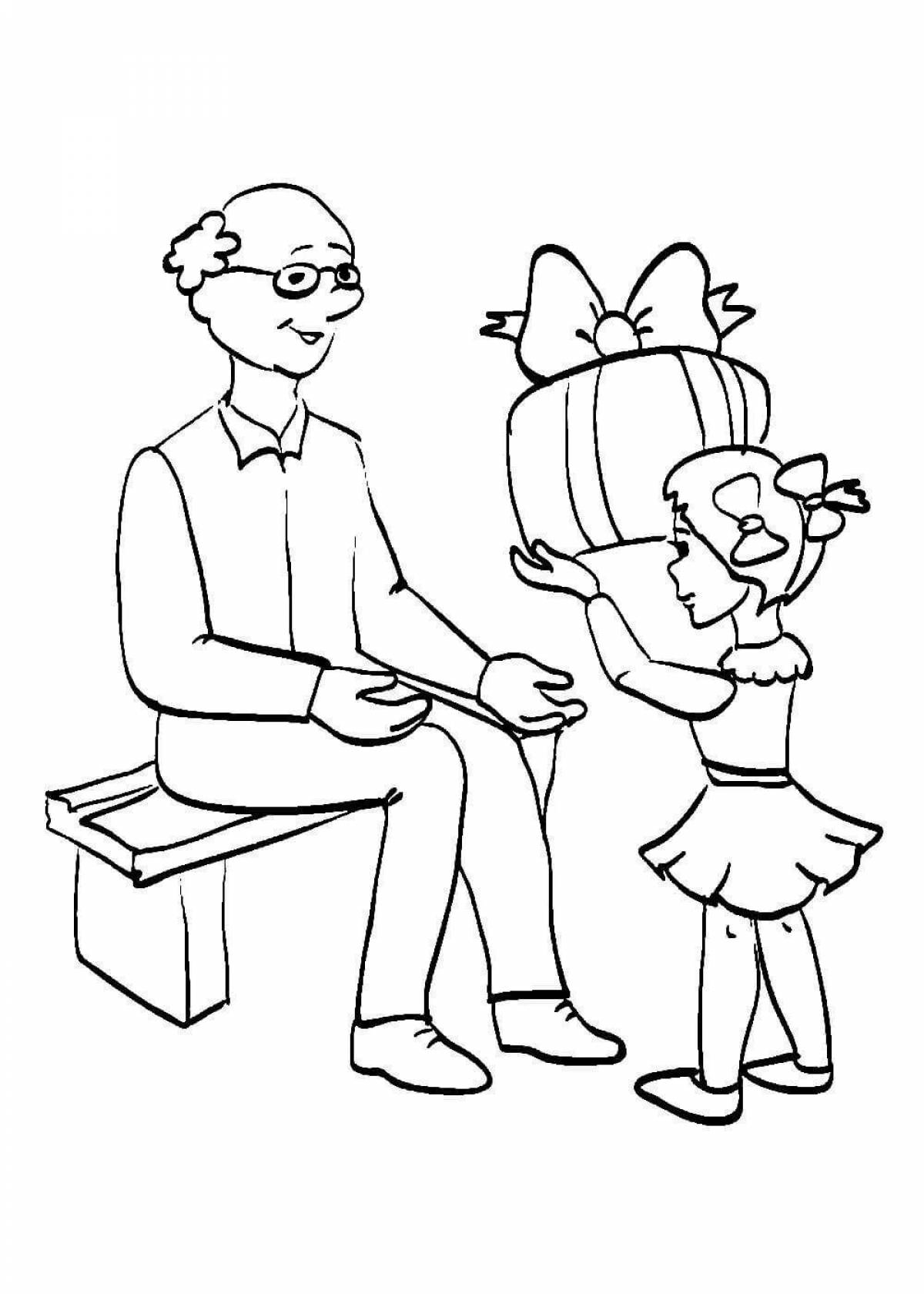 Adorable grandfather and granddaughter coloring book