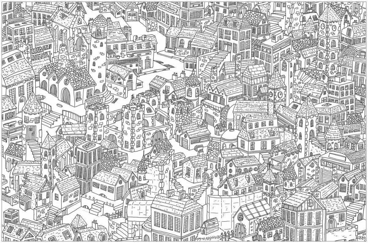 Dramatic city coloring book for adults