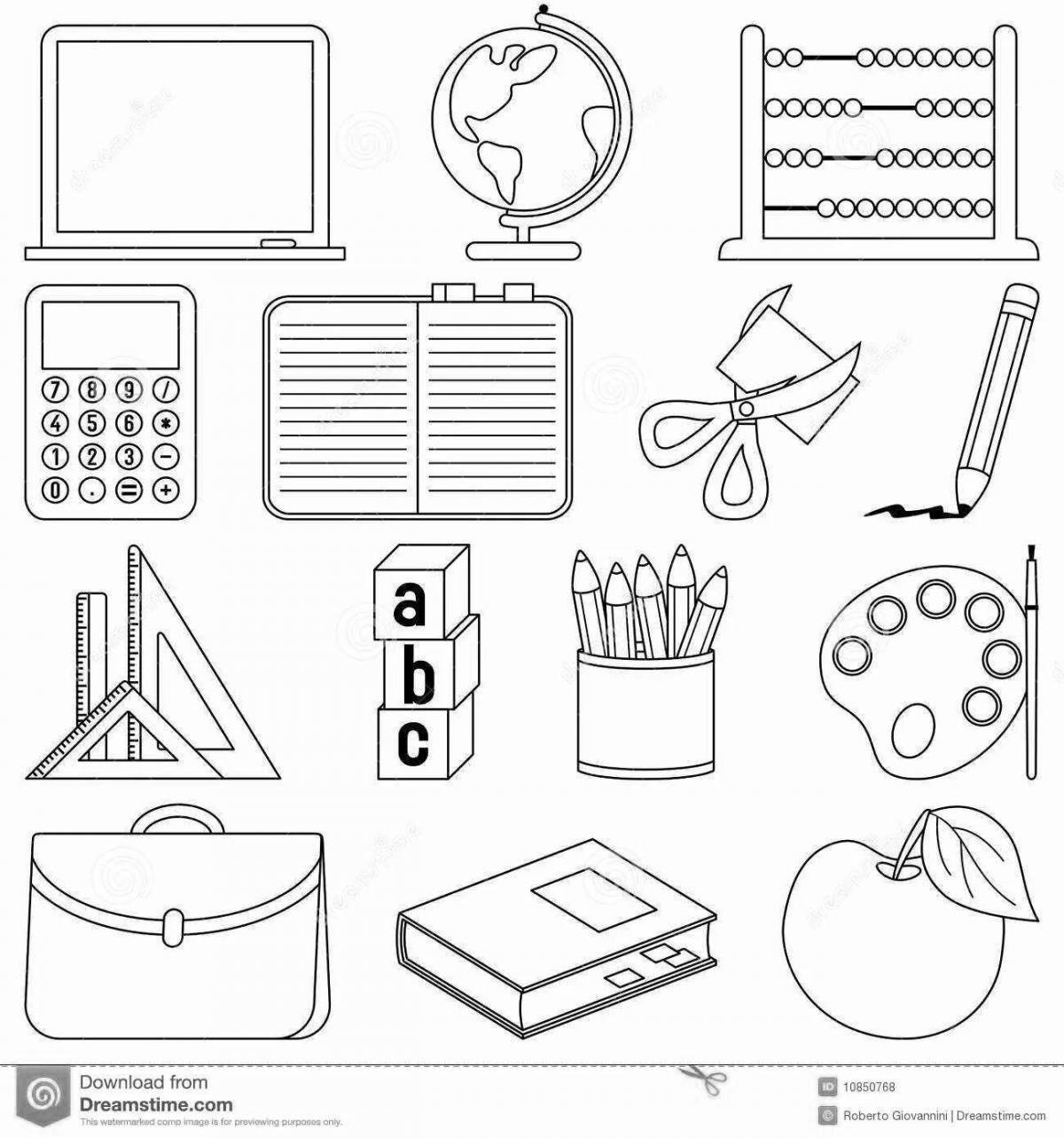 Playful school supplies coloring page