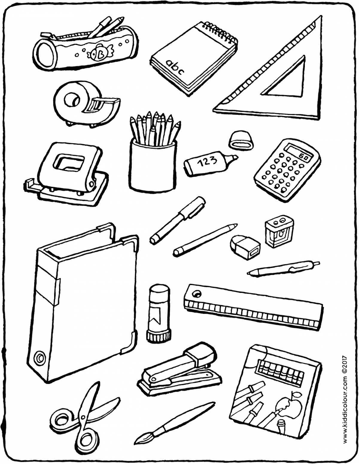 Раскраски принадлежностей, Раскраска Набор школьных принадлежностей школьные принадлежности.